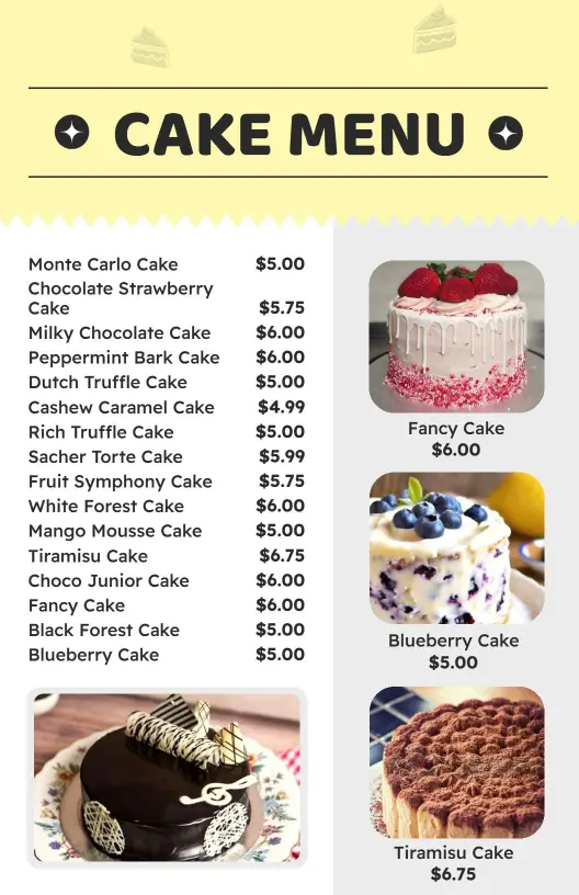 Decadent Chocolate and Fruity Cake Selections Cake Menu Template