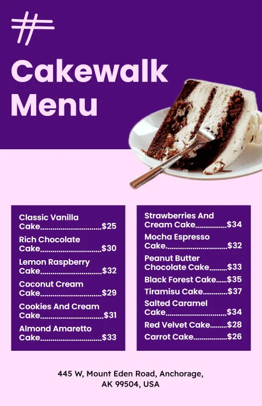 Decadent Chocolate and Fruity Flavor Cake Options Menu Template