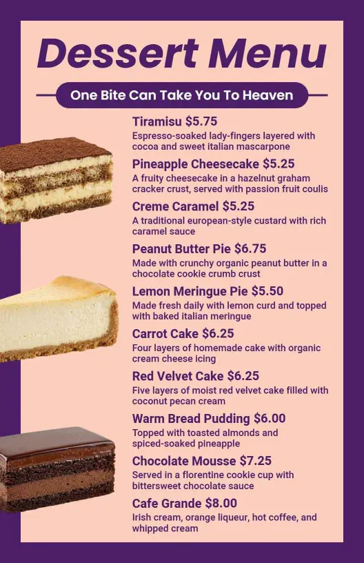 Decadent Chocolate and Fruity Treats for Sweet Lovers Dessert Menu Template