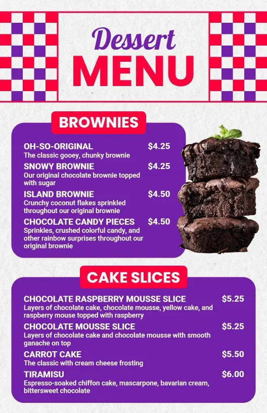 Decadent Chocolate Brownies and Cake Slices Dessert Menu Template