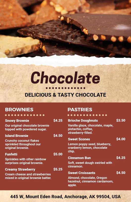 Decadent Chocolate Brownies and Pastries Selection Chocolate Menu Template