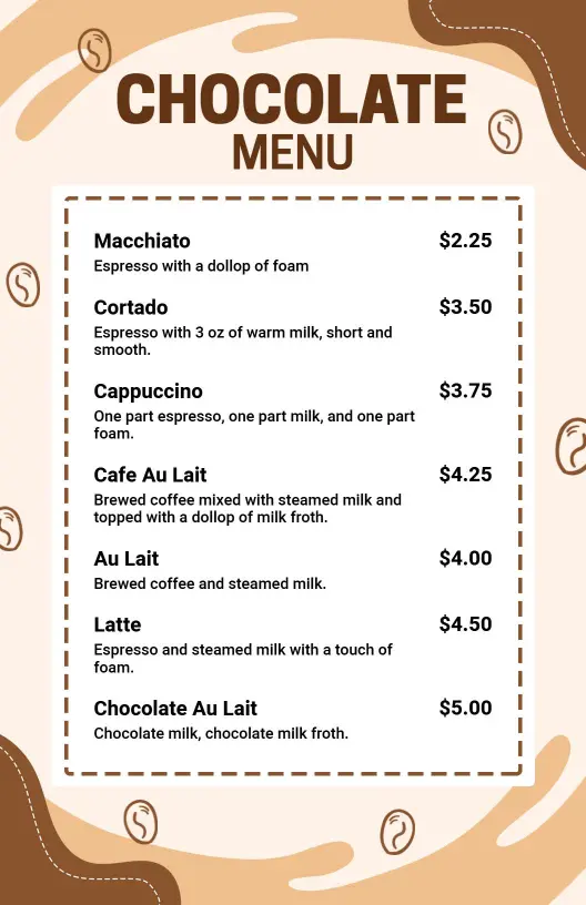 Decadent Chocolate Coffee Creations and Milky Delights Chocolate Menu Template