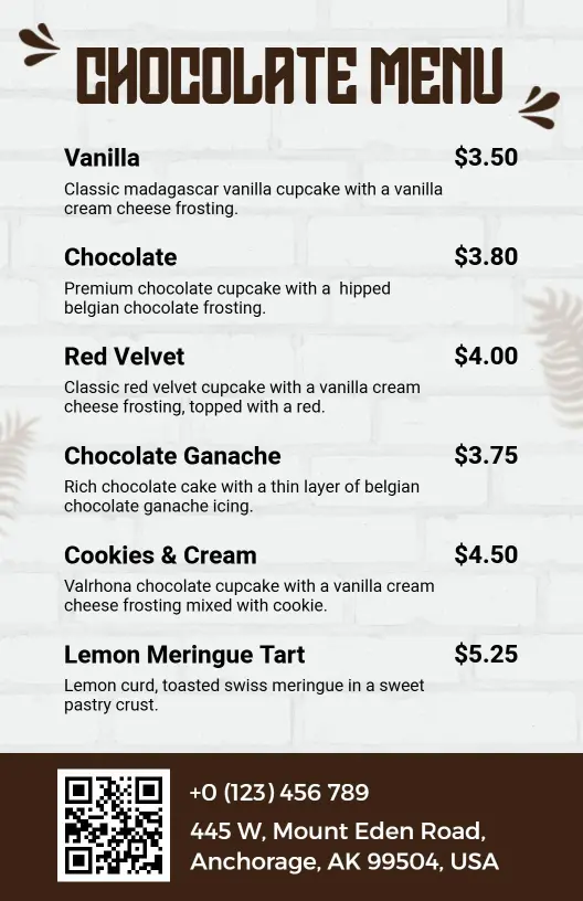Decadent Chocolate Cupcakes and Treats Dessert Chocolate Menu Template