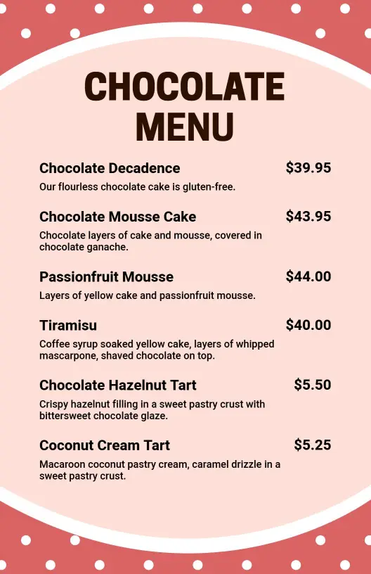 Decadent Chocolate Dessert Selections Featuring Rich Flavors Chocolate Menu Template