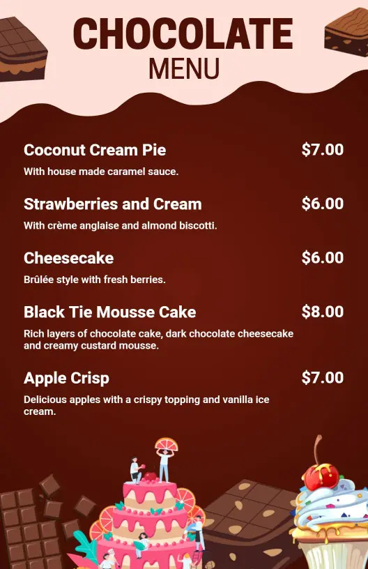 Decadent Chocolate Desserts Featuring Rich Cakes and Creams Menu Template
