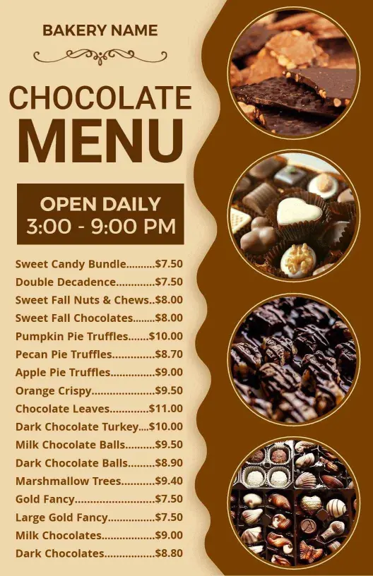 Decadent Chocolate Treat Selections Featuring Sweet Delights Menu Template