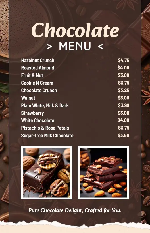 Decadent Chocolate Treats and Flavors for Every Sweet Tooth Chocolate Menu Template
