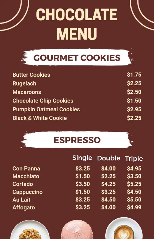 Decadent Chocolate Treats and Gourmet Espresso Delights Chocolate Menu Template