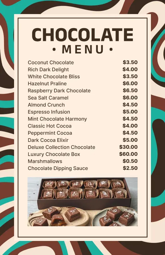 Decadent Chocolate Treats and Gourmet Flavors Chocolate Menu Template