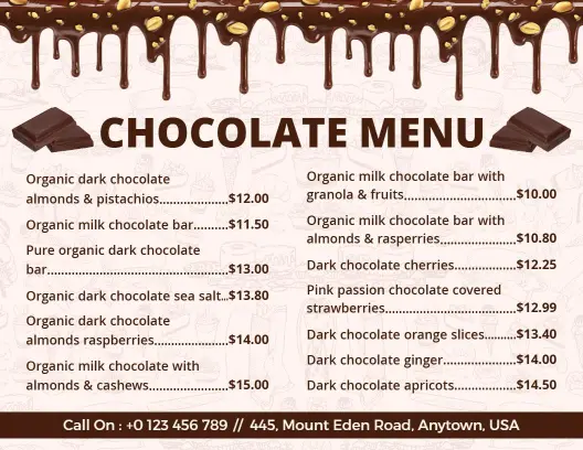 Decadent Chocolate Treats Featuring Nuts and Fruits Chocolate Menu Template