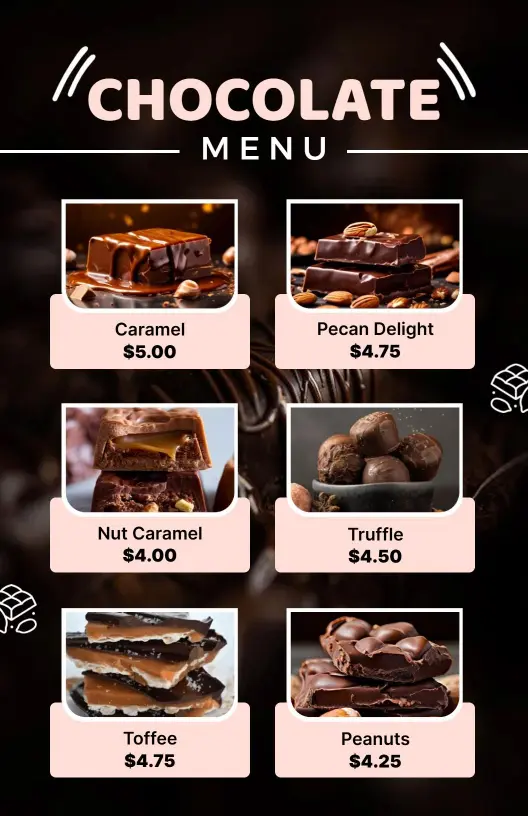 Decadent Chocolate Treats Including Caramel and Truffles Menu Template