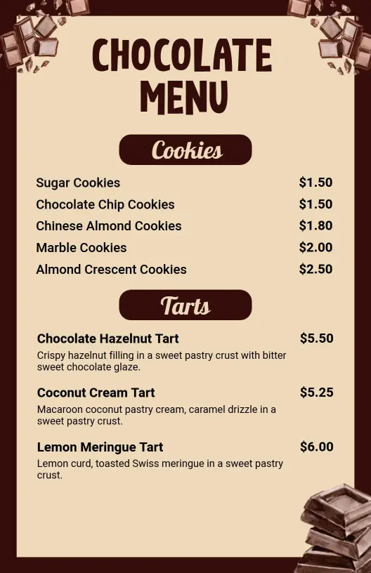 Decadent Chocolate Treats Including Cookies and Tarts Chocolate Menu Template