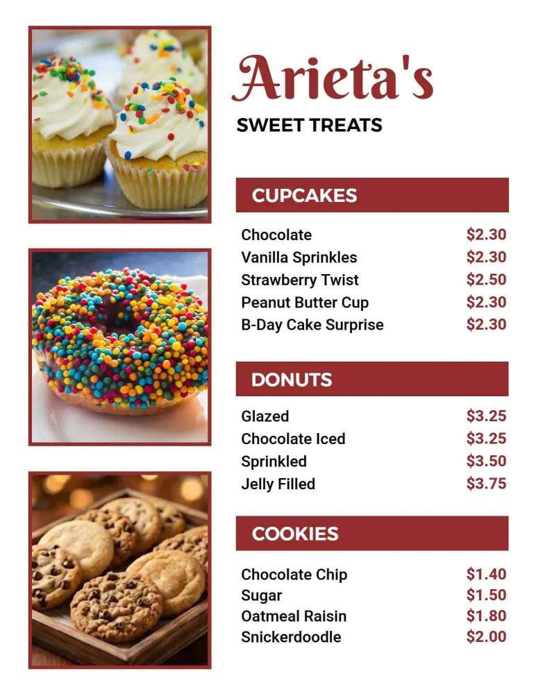 Decadent Cupcakes, Donuts, and Cookies Delight Bakery Menu Template