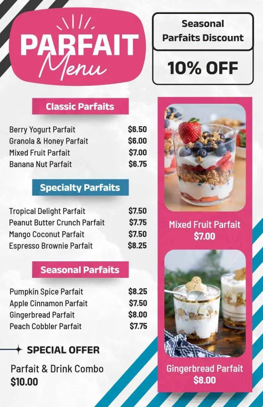 Decadent Parfait Varieties Featuring Seasonal Options Dessert Menu Template