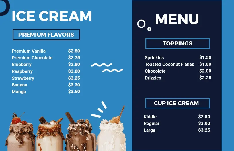 Decadent Premium Ice Cream Flavors and Toppings Ice Cream Menu Template
