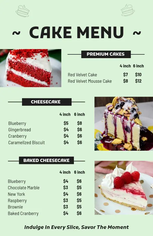 Decadent Red Velvet and Cheesecake Varieties Cake Menu Template