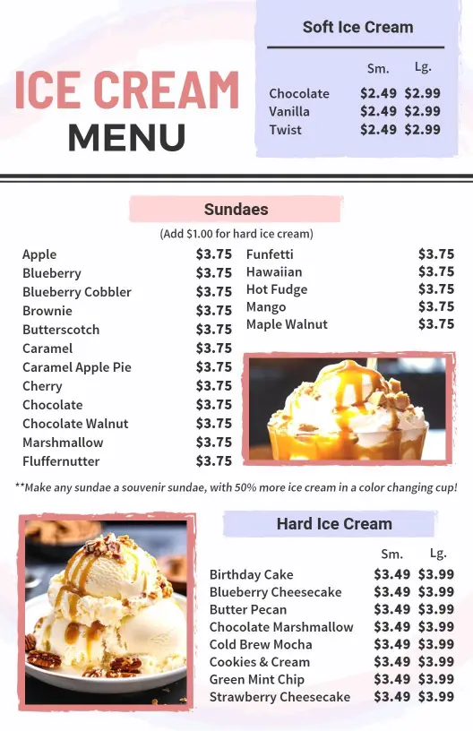 Decadent Sundaes and Soft Serve Treats for Ice Cream Menu Template