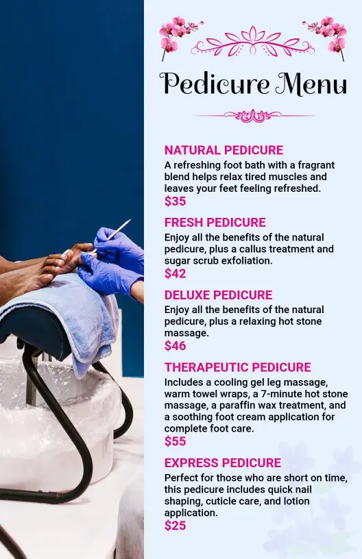 Decorative Pink Floral Relaxation Spa Pedicure List Menu Template