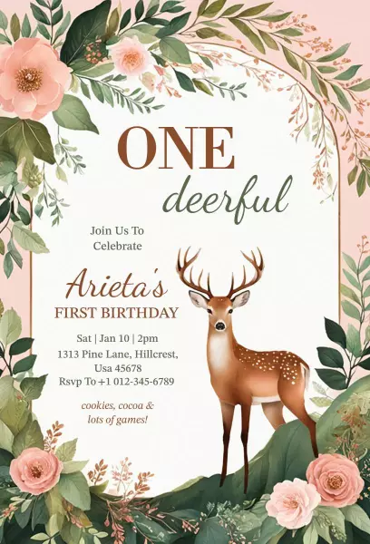 Deer-Themed Woodland One Year Birthday Celebration Invitation Template