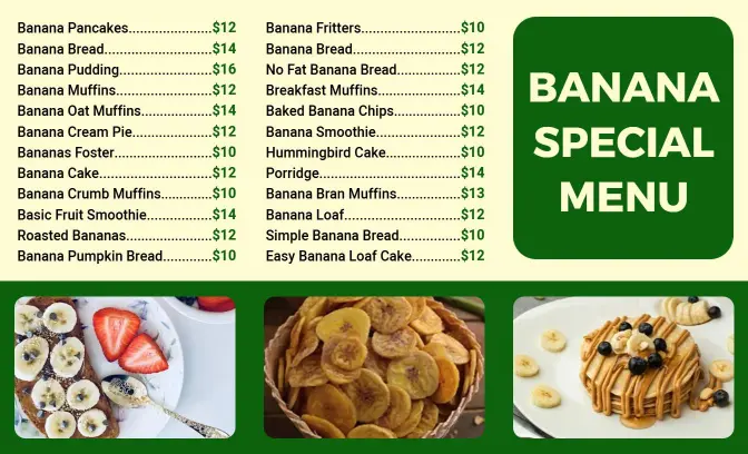 Delectable Banana Treats and Smoothies Highlighting Fresh Flavors Bakery Menu Template