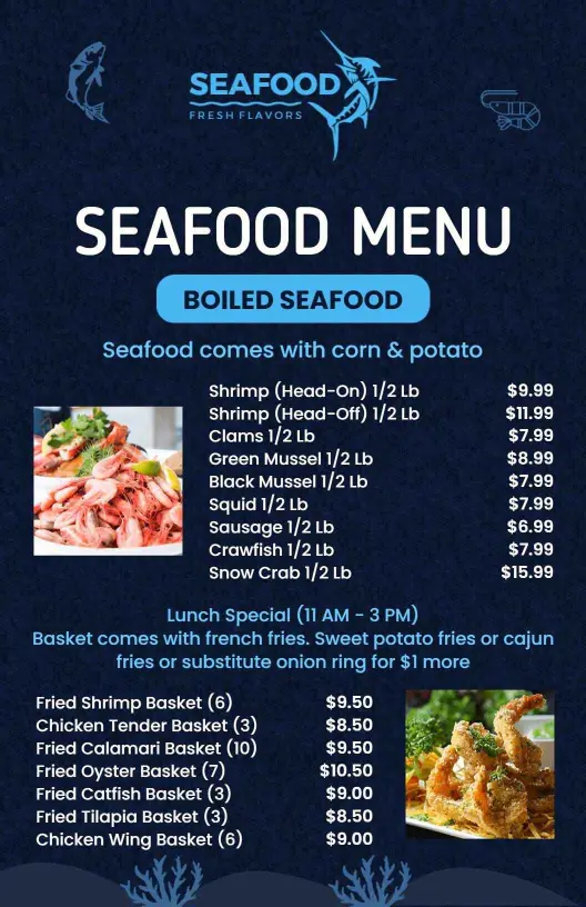 Delectable Boiled Seafood with Fresh Corn and Potatoes Seafood Menu Template