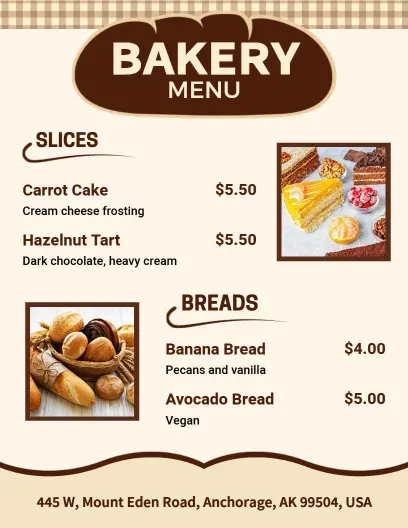 Delectable Cakes and Fresh Breads with Unique Flavors Bakery Menu Template