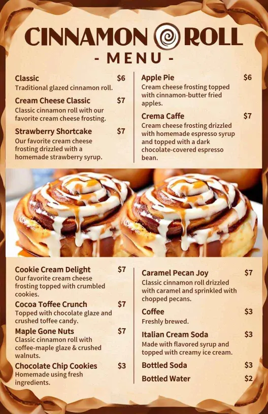 Delectable Cinnamon Roll Dessert Selections with Tasty Treats Menu Template