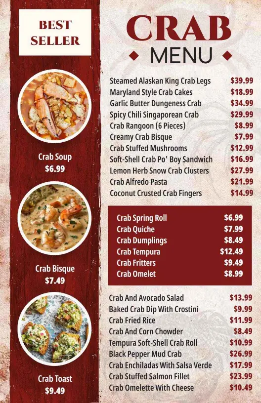 Delectable Crab Dishes with Fresh Flavors and Sides Seafood Menu Template