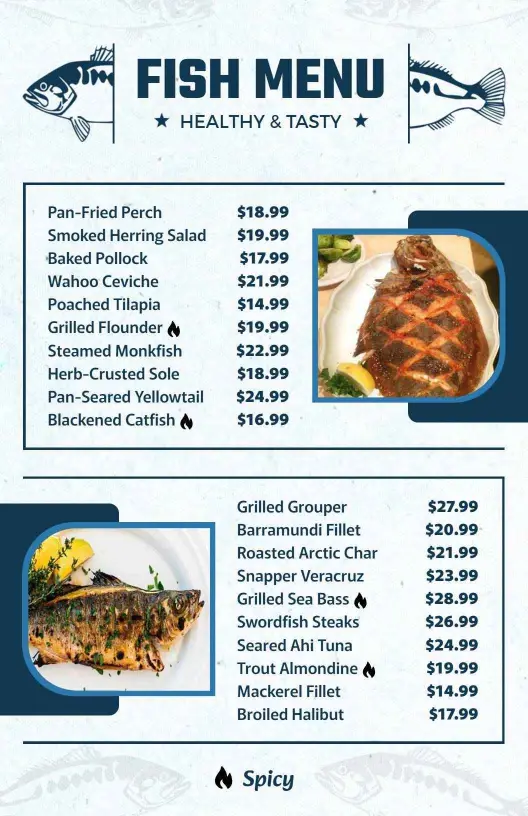 Delectable Grilled and Fried Seafood Dishes Highlighted Seafood Menu Template