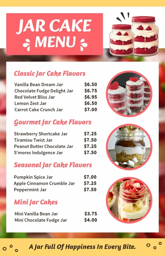 Delectable Jar Cake Varieties Including Seasonal Favorites Cake Menu Template