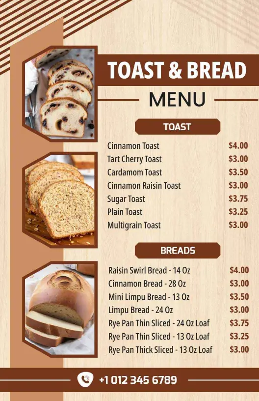 Delectable Toast and Fresh Bread Selections Bakery Menu Template