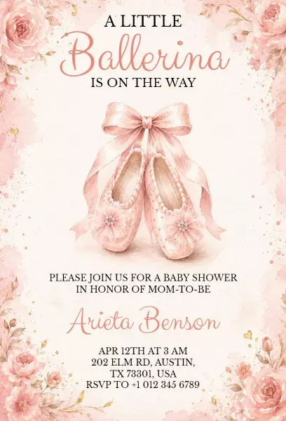 Delicate Ballerina Theme Baby Shower Celebration Invitation Template