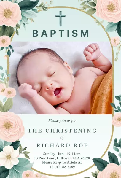 Delicate Floral Baby Baptism Christening Invitation Template