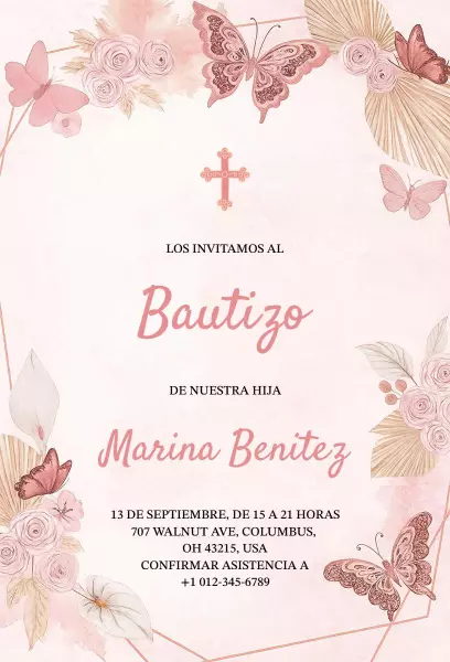 Delicate Floral Butterfly Baptism Celebration Invitation Template