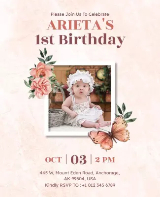 Delicate Floral Design for 1st Birthday Celebration Poster Template