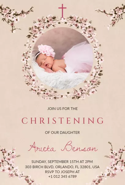Delicate Floral Elegant Baby Girl Christening Invitation Template