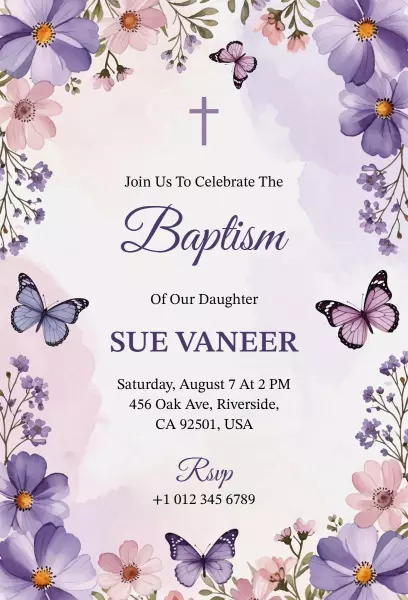 Delicate Floral Purple Baptism Celebration Invitation Template