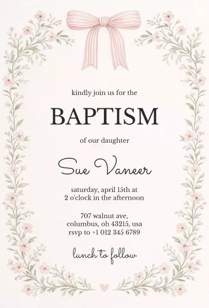 Delicate Floral Theme Daughter Baptism Invitation Template