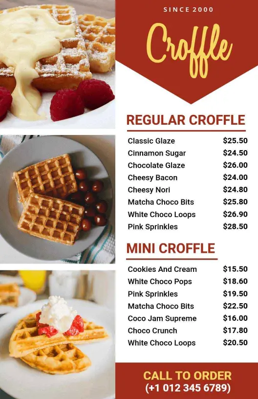 Delicious and Creative Croffle Selections with Tasty Fillings Dessert Menu Template