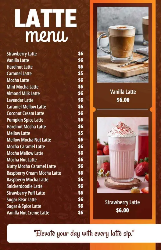 Delicious Artisan Lattes Featuring Unique Flavor Profiles Cafe Menu Template