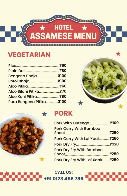 Delicious Assamese Dishes Featuring Vegetarian and Pork Options Hotel Menu Template