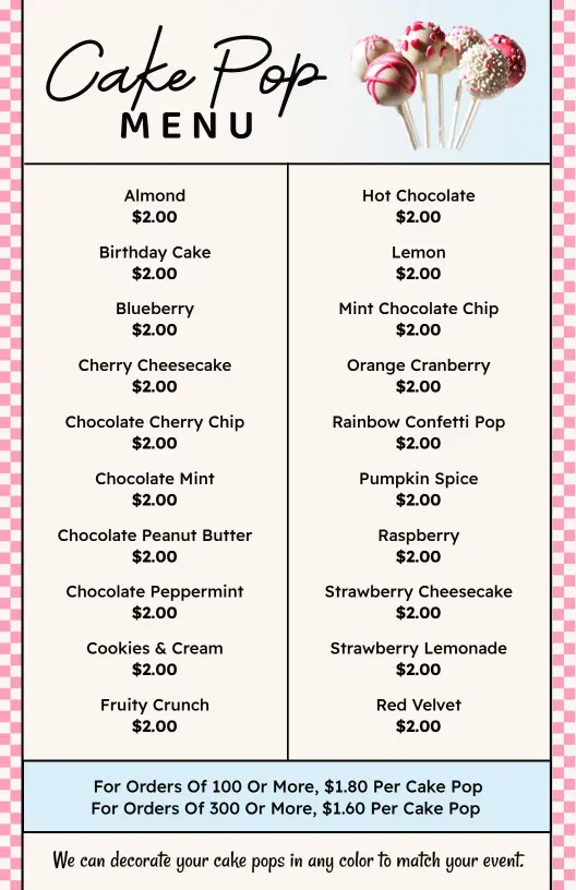 Delicious Assorted Cake Pop Flavors Including Seasonal Treats Dessert Menu Template