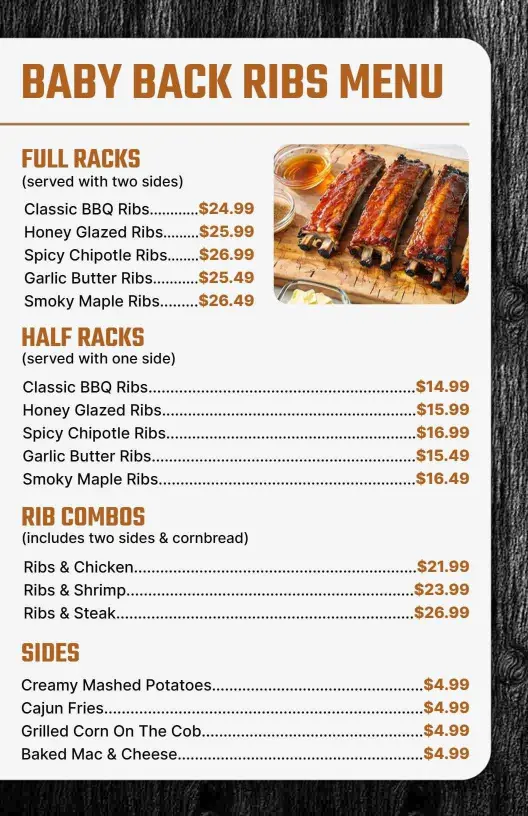 Delicious Baby Back Ribs with Tasty Sides Selection Menu Template