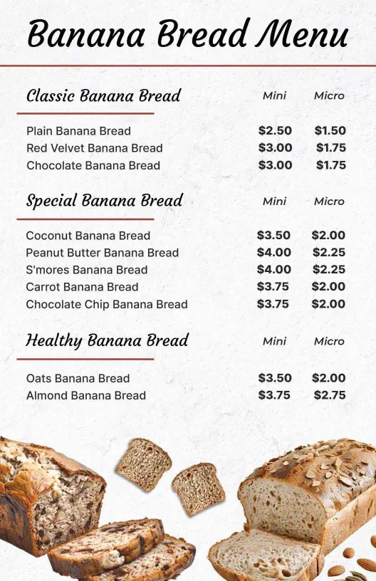Delicious Banana Bread Varieties for Every Sweet Tooth Bakery Menu Template