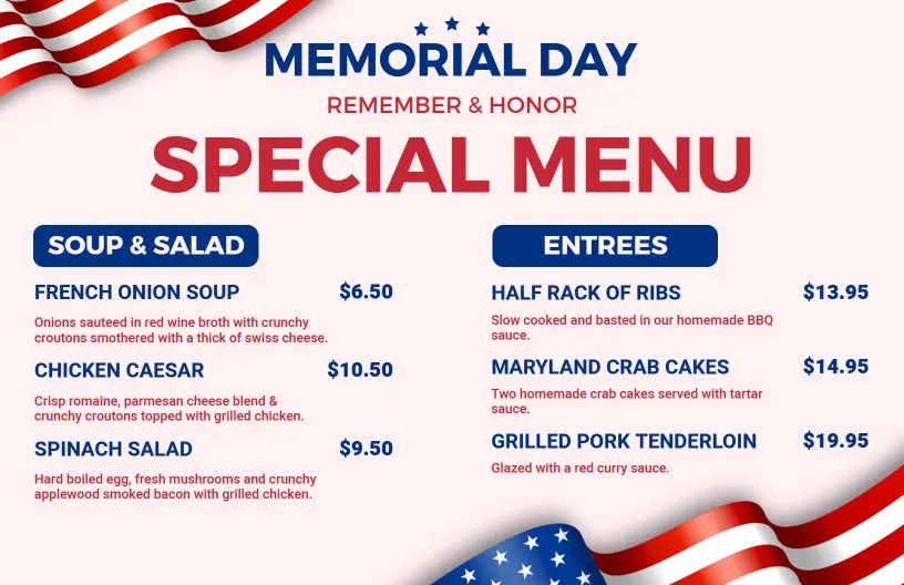 Delicious Barbecue and Classic Dishes for Celebrating Memorial Day Menu Template