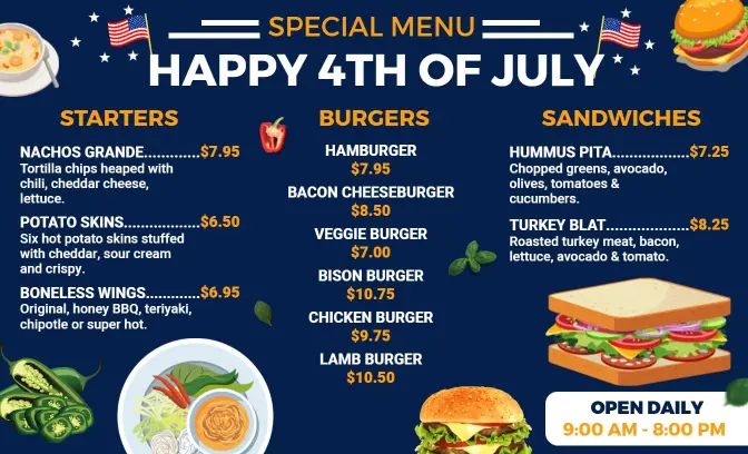 Delicious Barbecue and Festive Favorites for Celebration 4th of July Menu Template