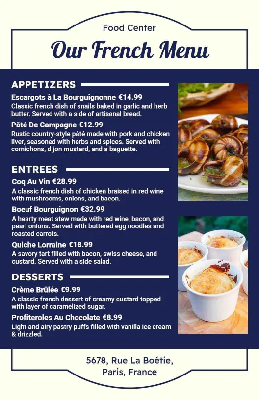 Delicious Beef Bourguignon and Authentic French Entrees Menu Template