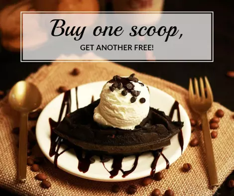 Delicious Black Chocolate Waffle with Free Scoop Offer Ad Template