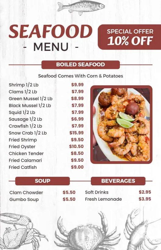 Delicious Boiled Seafood Selections with Prices Seafood Menu Template