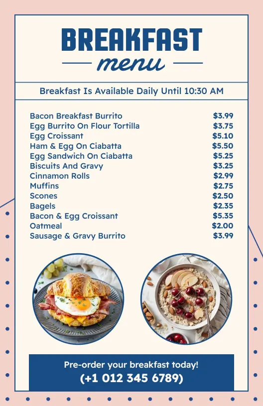 Delicious Breakfast Burritos and Fresh Pastries Breakfast Menu Template